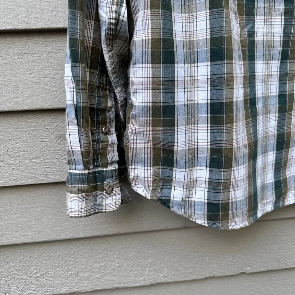 Levis Mens Size Medium Western Plaid Snap Front Shirt Olive Green Long Sleeve M
